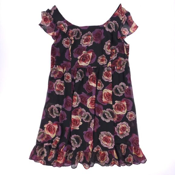 TRIPP NYC Chiffon Babydoll Mini Dress Black Floral Goth Vamp Coquette Whimsigoth - Picture 1 of 7